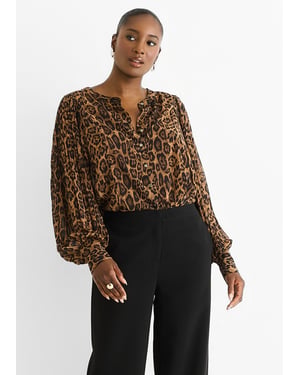 Brown Chiffon Animal Print Pleated Shift Shirt Blouse